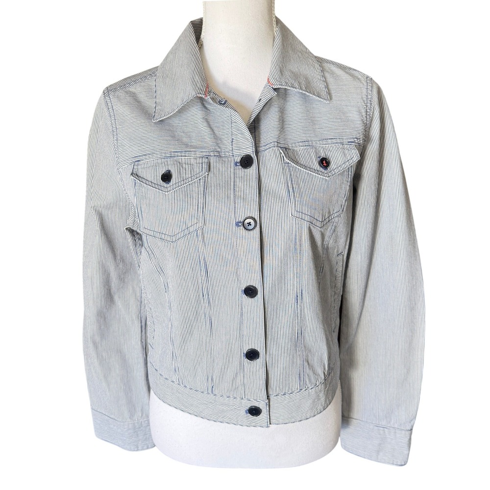 Christopher Blue Women's Blue‎ White Hickory Stripe Denim Jacket Size Small EUC